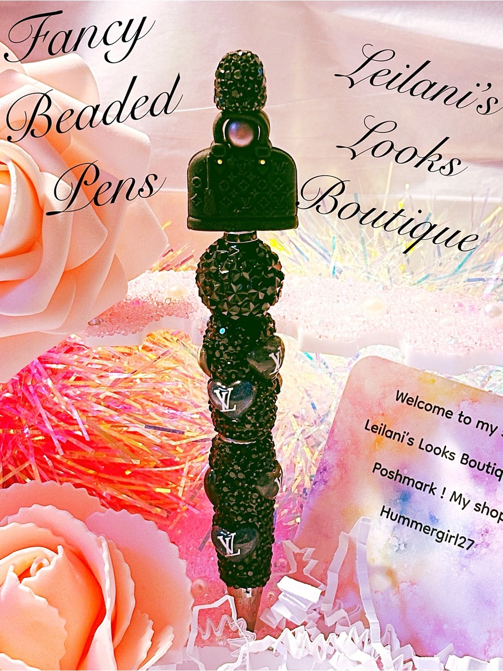 Black Beaded Fancy Pen with Decorative Top/ Fancy beaded Pen/gifts/black beads/